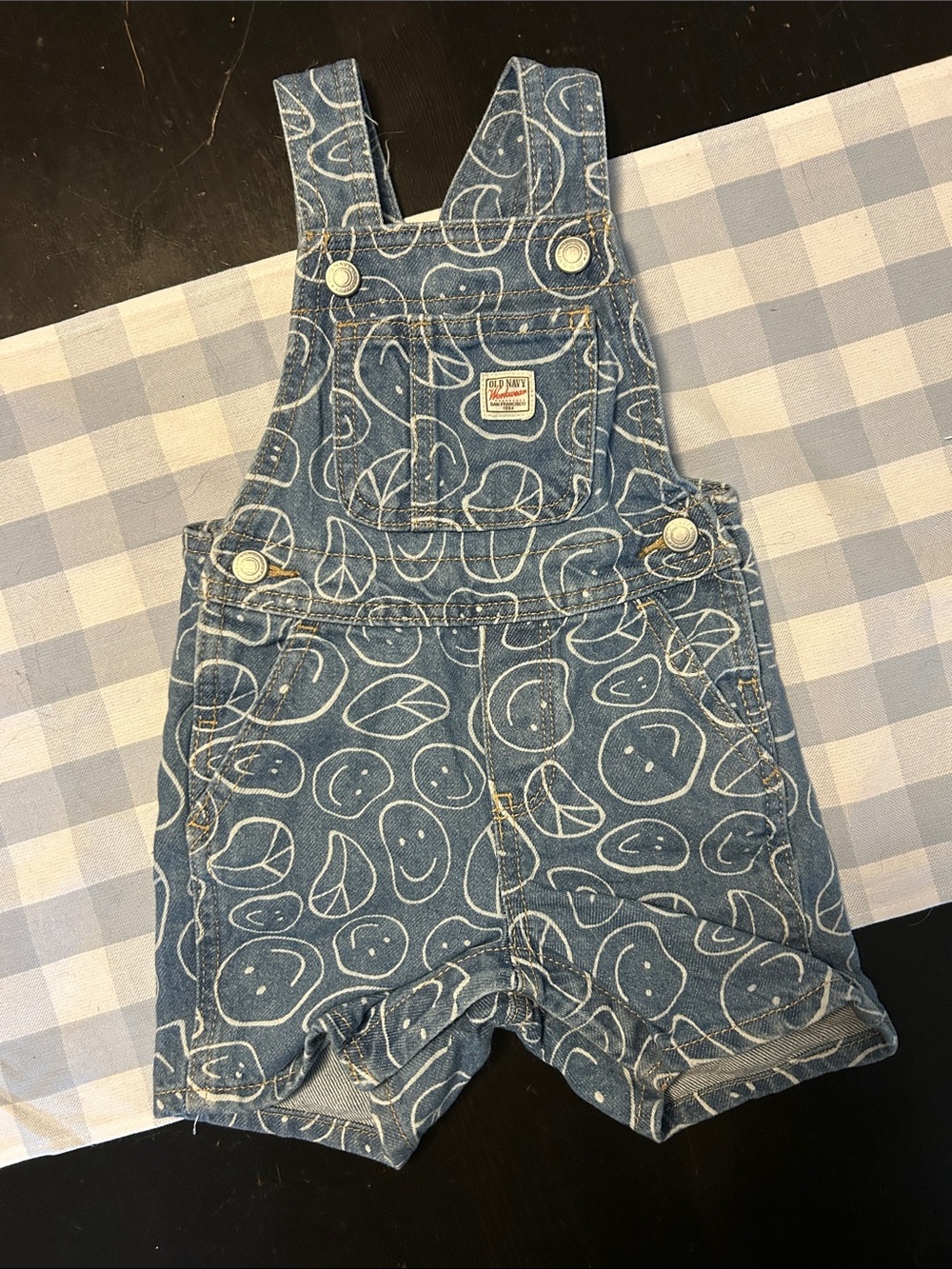 Old Navy Smiley Face & Peace Signs Jean Overalls Size 12-18M
